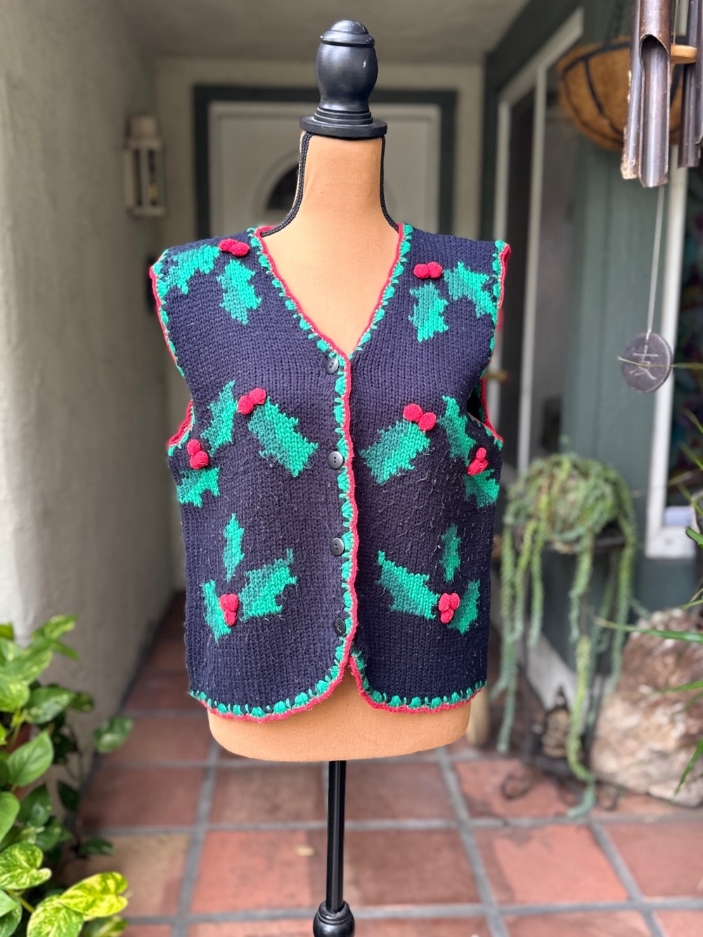 Vtg Black Holiday Holly Knit Vest with Green and Red Accents